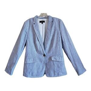 TALBOTS Women 6 Blazer Jacket Linen & Cotton Blue White Striped Preppy 1 Button
